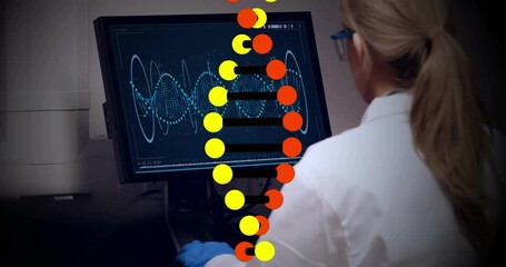 Sticker - DNA strand animation over scientist analyzing data on computer screen