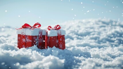 Poster - Christmas gift boxes on a snow-covered hill with a clear sky