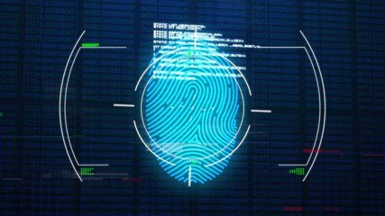 Leinwandbilder - Fingerprint scanning and data processing animation over binary code background