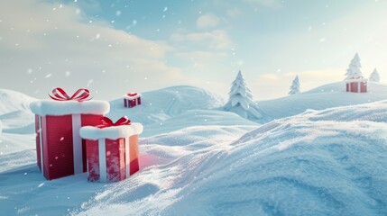 Poster - Christmas gift boxes on a snow-covered hill with a clear sky