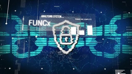 Wall Mural - Analyzing system text and shield icon animation over digital data and graphs