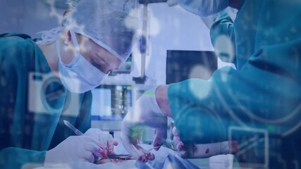 Poster - Surgeons performing operation with medical technology animation over surgical scene