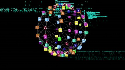 Poster - Network of social media icons forming sphere, data processing animation