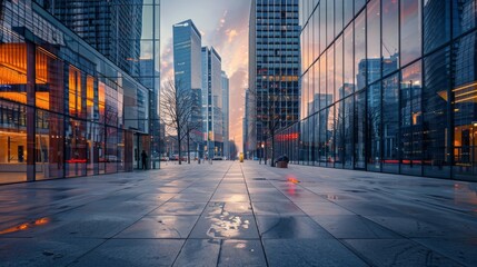 Poster - City plaza with no people and a backdrop of high-rise buildings and soft evening light