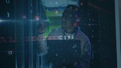 Poster - Cybersecurity threat detection animation over person using computer in dark room