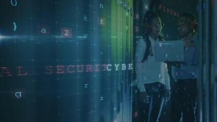 Poster - Cybersecurity threat detection animation over people in office hallway