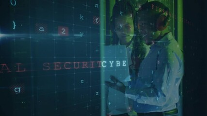 Poster - Cybercrime and malware animation over diverse professionals discussing in office