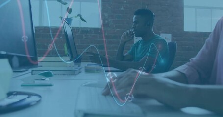 Poster - Analyzing data animation over people working on computers in modern office