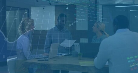 Poster - Financial data and stock market animation over business meeting in office