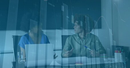 Poster - Financial data charts animation over business meeting with two people discussing
