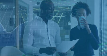 Poster - Financial data processing animation over business people discussing documents in office