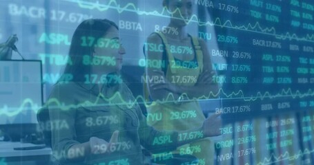 Poster - Stock market data animation over business people discussing in office