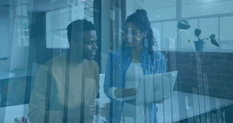 Poster - Financial data and stock market animation over two colleagues discussing work in office