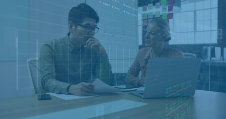 Poster - Analyzing financial data animation over business colleagues discussing documents in office