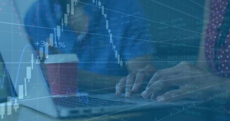 Poster - Financial data and stock market analysis animation over person using laptop