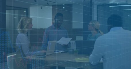 Poster - Financial data charts animation over business meeting in modern office