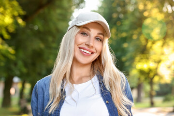 Canvas Print - Portrait of smiling woman in baseball cap outdoors