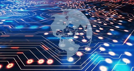 Poster - Circuit board with glowing nodes and world map animation