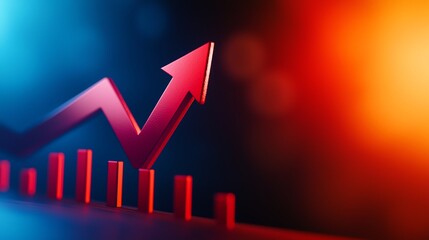 Red graph showing upward trend and growth with colorful gradient background, representing business success and market progress.