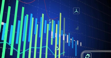 Poster - Financial data and environmental icons animation over bar and line graphs