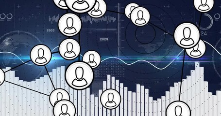 Poster - User icons connected by lines, data visualization animation over bar and line graphs