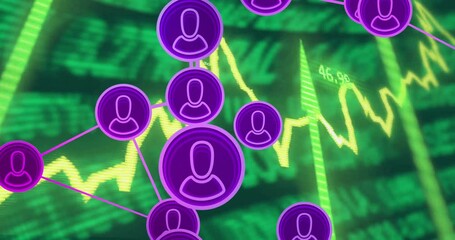 Poster - Network of user icons and financial data processing animation over stock market graph
