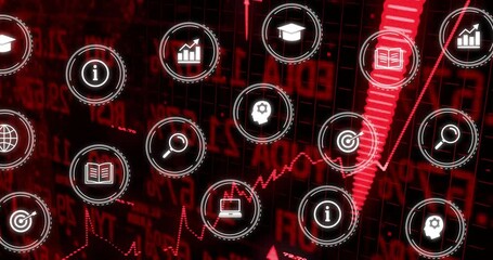 Sticker - Financial data processing animation over red stock market graph and icons