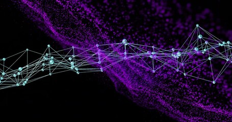 Poster - Network of connections and data processing animation over purple particles on black background