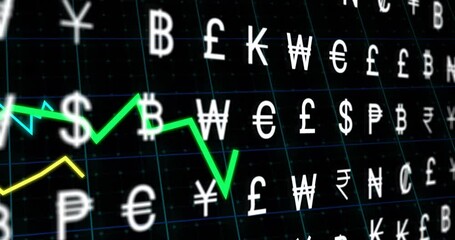 Poster - currency symbols and fluctuating green line animation over financial graph background