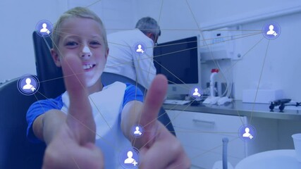 Sticker - Smiling boy giving thumbs up, social network connections animation over dental clinic