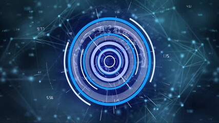 Poster - Digital data processing animation with circular interface over network connections background