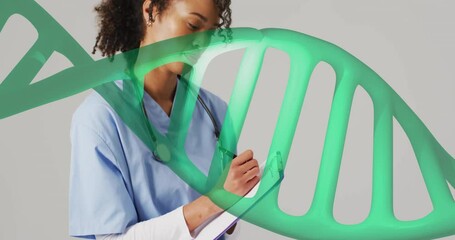 Poster - DNA strand animation over medical professional writing on clipboard