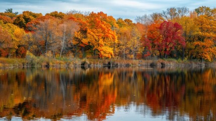 Poster - Clear lake water mirroring autumn trees with bright foliage