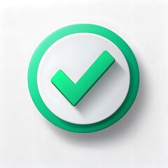 3d check icon, checklist tick, done mark. Vector realistic plastic style checkmark, symbol of selection, confirmation or approval. Green circle with a white, white background