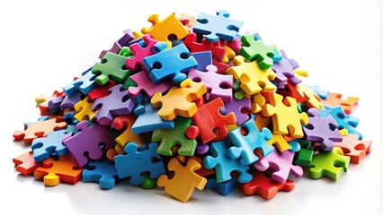 Aufkleber - Colorful jigsaw puzzle pieces forming a vibrant pile on a white background, jigsaw, puzzle, colorful, pieces, pile, vibrant, colorful