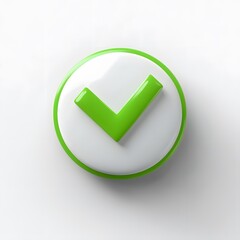 3d check icon, checklist tick, done mark. Vector realistic plastic style checkmark, symbol of selection, confirmation or approval. Green circle with a white, white background