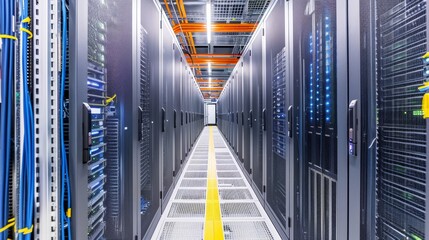 Poster - Data center aisle with numerous servers and advanced cooling systems