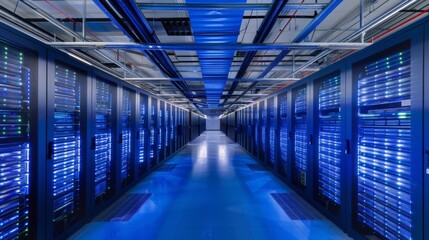 Poster - Data center aisle with numerous servers and advanced cooling systems