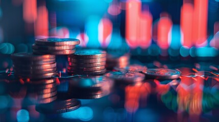 Poster - Double exposure of coins with graph and stock display finance and banking concept