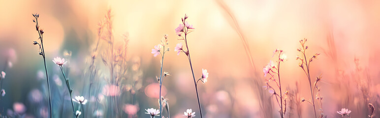 Wall Mural - A field of grass flowers light up by a calm morning light. An inspirational nature image for aesthetic of spring design. Spring nature in soft pastel earth tone blurred background. 