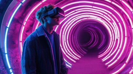 Wall Mural - Young Man Wearing VR Headset in Neon-Lit Tunnel