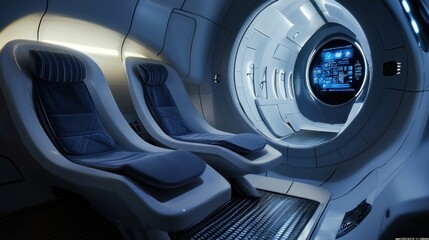 Futuristic spaceship cabin interior with two seats and a large viewport