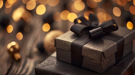 Poster - Elegant gift boxes on wooden table with bokeh background