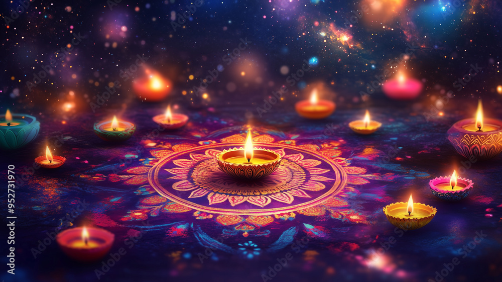 Festival of Lights Happy Diwali festival with oil lamp, Rangoli ...