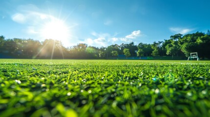 Wall Mural - Empty football field under bright sunlight, vibrant green grass, clear blue sky