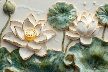 Wall Mural - The image is dominated by a gold and white flower with a gold leaf