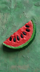 A single slice of watermelon with black seeds on a green textured background.