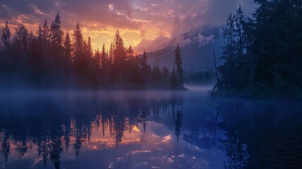 Wall Mural - Forest lake reflecting the dawn sky