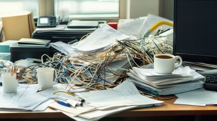 A messy and disorganized office desk filled with scattered documents, coffee cups, and tangled cables, symbolizing poor management. Plenty of copy space for text.