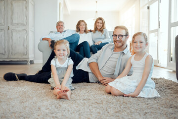 Poster - Generations, family and happy in living room at home for care, bonding and support in England. People, house and smile or laugh on portrait at lounge on break for unity, relax and trust with love